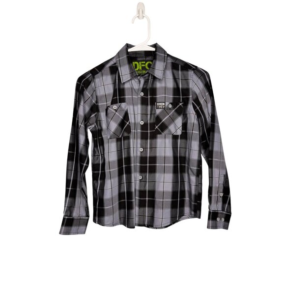 Dixxon DFC Youth Long Sleeve Button-Up Shirt Black Gray Plaid Pockets Casual - Picture 1 of 8